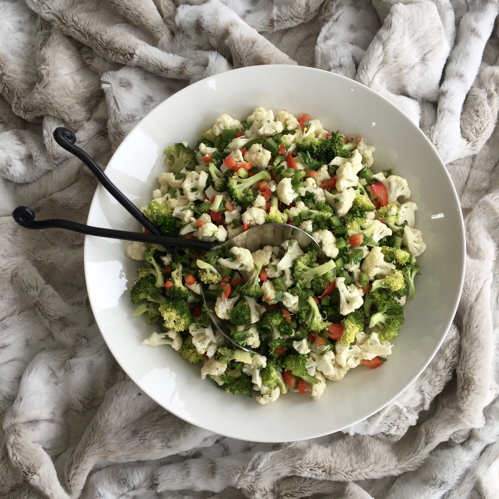 Festive Broccoli And Cauliflower Salad With Vinaigrette Dressing

