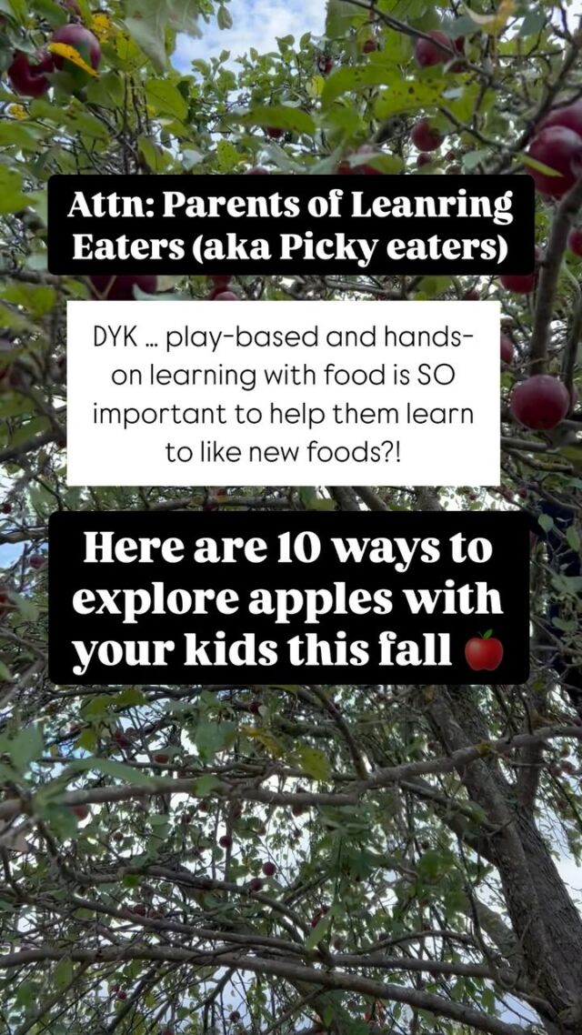 Which ones will you try this fall with your kiddo?! 🍎🍏 

Exploring foods with your child at the mealtime table is great but there is a lot more you can do away from mealtimes! 

The fall is a perfect time to explore locally grown foods and make some connections for your learning eaters. 

But REMEMBER! It’s not about them eating it in the moment you’re exploring it! 🙅🏻‍♀️

It’s about giving them positive experiences around the food to help increase their interest and curiosity in it and decrease any fear. 👍🏼 
 
In our work with clients, we often provide lists of activities to help families explore specific foods. We even have a full 60-page guide book to explore every veggie from A to Z! 

✨Are you ready to get some support for your learning eater (picky eater?) Send us a DM or click link in bio to book your free call with one of our dietitians! 

#pickyeaters #pickyeater #exploringfood #ontariofruit #goodthingsgrowinontario #dietitianmom #canadianmom #toddlermommy #feedingkids #kwawesome